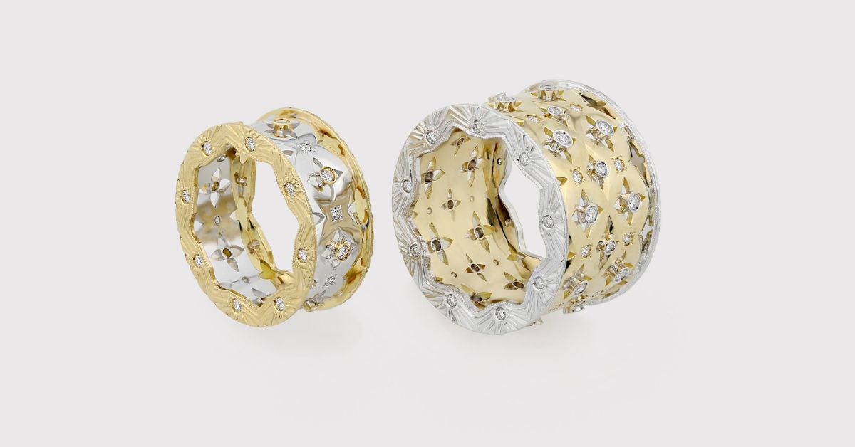 「百花系列」的雙層百花戒,共鑲嵌六十三顆鑽石、隱藏著一百二十六個焊接點,並以18K金與黃金交錯構成複雜結構。(品牌提供)