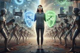 Google 「Android XR」聯盟強襲 Meta，誰才是 AI 穿戴裝置的最終答案。（圖／nano banana，AI示意圖）