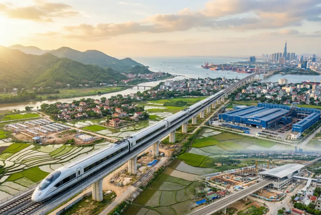 稻田、河流和山脈，到遠處的沿海城市和港口，越南高鐵計畫連接河內到胡志明市。（圖/nano banana)