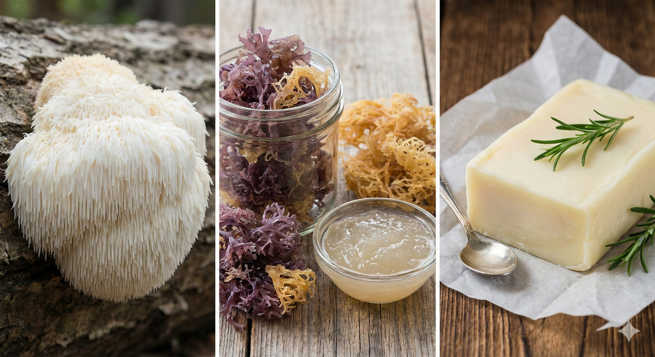 猴頭菇(左)、 海苔膠(中)、草飼牛油(右)。