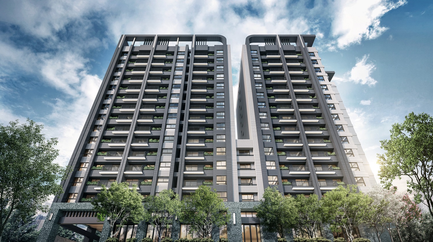 「佳泰琢閱」建築外觀以俐落線條與層次立面設計,展現現代美學風格,並榮獲國際設計大獎肯定,成為台中海線具代表性的質感住宅建案。圖/佳泰琢閱提供