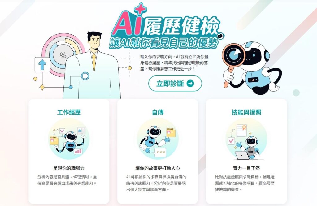 1111人力銀行的 「AI 履歷健檢」提供4大特色為求職者提升競爭力，找到工作再天天抽1萬元現金。（圖／1111人力銀行提供）