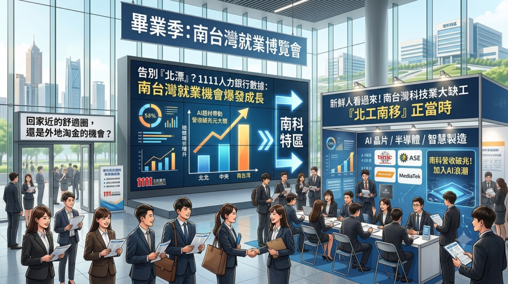 1111人力銀行盤點比較「北、中、南」三大區域工作機會數，發現南部工作機會成長速度驚人。（圖／AI生成）