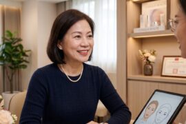 民眾於醫療院所接受醫師諮詢，針對個人膚況、需求與生活型態進行評估，了解適合自身的保養與醫學美容規劃。（AI 生成示意圖，非真實人物與個案）