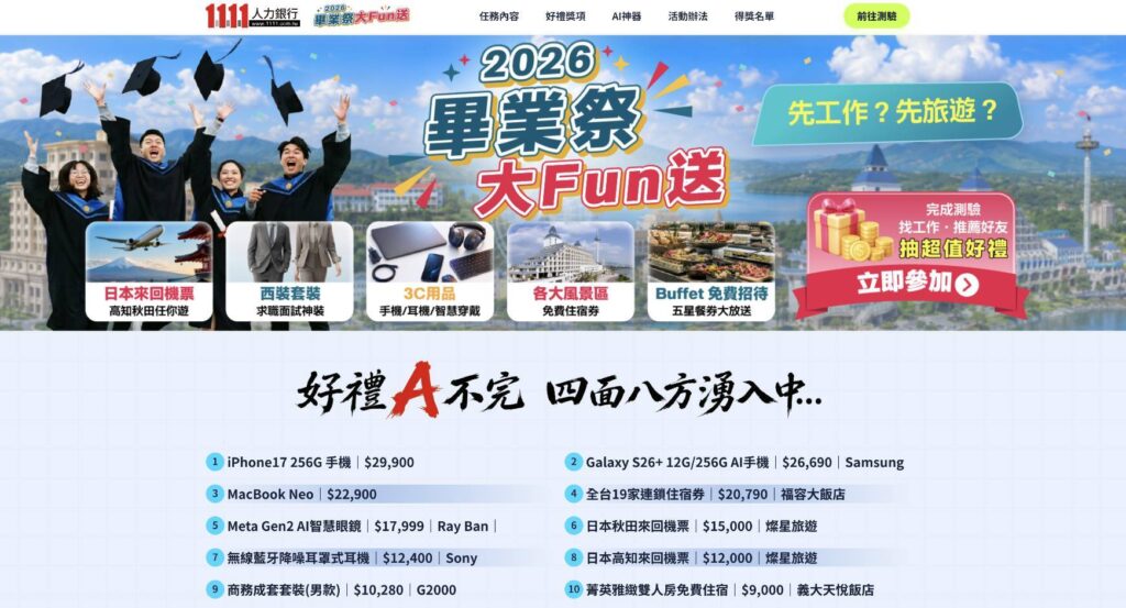 1111人力銀行全新推出「2026畢業祭大Fun送」活動，上活動網頁完成任務，天天抽全家禮券，每月還會抽日本來回機票等大獎。（圖／1111人力銀行提供）