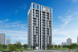 力璞大于建築外觀3D模擬圖，透過主要垂直線條搭配層次分明窗框設計，保留大面積的採光，呈現現代大器住宅的地標。（圖／力璞機構提供）