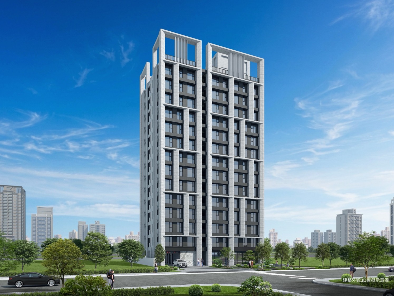力璞大于建築外觀3D模擬圖,透過主要垂直線條搭配層次分明窗框設計,保留大面積的採光,呈現現代大器住宅的地標。(圖/力璞機構提供)