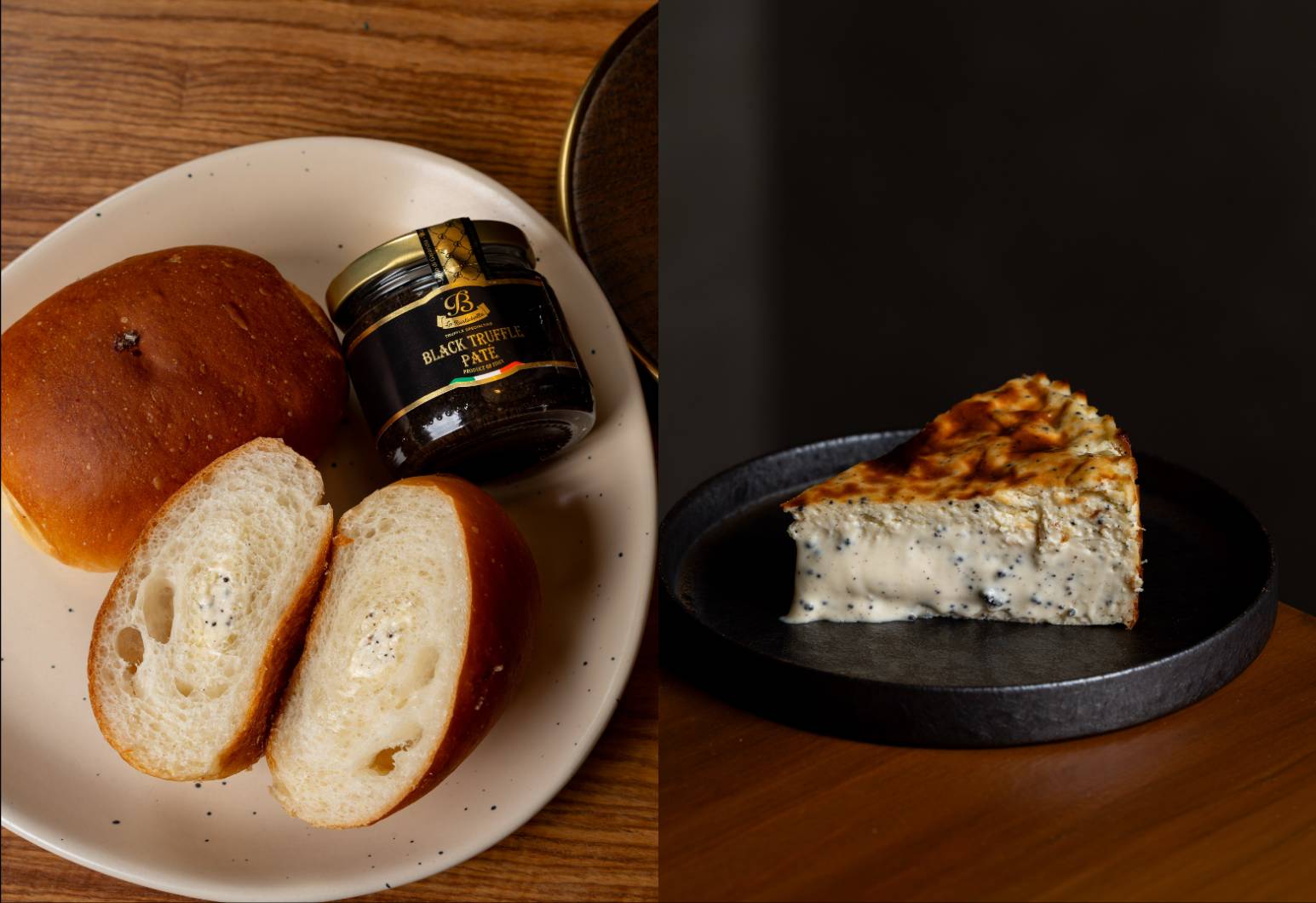 森夜 Bread & Coffee 將樂奇雅黑松露醬運用於海鹽捲與焦化奶油,從烘焙麥香、奶油與鹽味之間,帶出黑松露的深邃風味。右圖:Lora Cake 將樂奇雅頂級黑松露醬融入流心巴斯克乳酪蛋糕,以乳酪、焦香與黑松露交織出甜鹹並陳的層次。